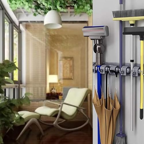 PP Plastic Multi-Function Broom & Mop Wall Mount Holder (16.93.352.36in, Gray) - Screw-Mounted Space Saver for Kitchen/Garage/Garden Tool Organization