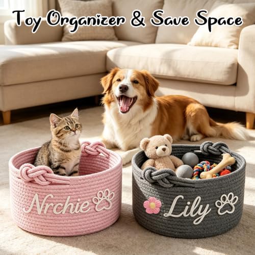 Personalized Dog Toy Basket with Name, Custom Puppy Toy Basket Bins, Personalized Pet Toy Rope Basket for Dogs Birthday Gifts Basket, Unique Gift for Pet Lovers