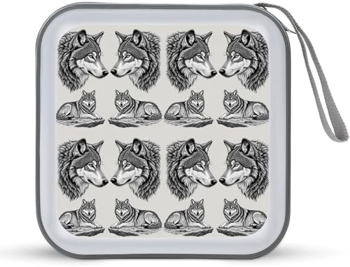 Portable CD Holder Case with Strap Gray Wolf, 40-Capacity Hard Plastic Storage Binder, Protective Wallet for Car Office Travel