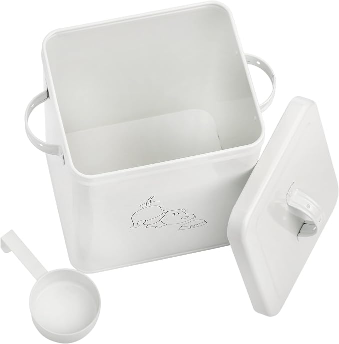 SOUJOY Pet Treat and Food Storage Bin with Lid and Scoop, 5LBS White Vintage Farmhouse Storage Tin, Coated Carbon Steel Canister, Gift for Dogs Owners