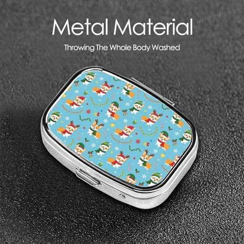 Metal Pill Box AM/PM Compartments Small Medicine Organizer Supplements Case Travel Essential, Christmas Corgi Dog Blue