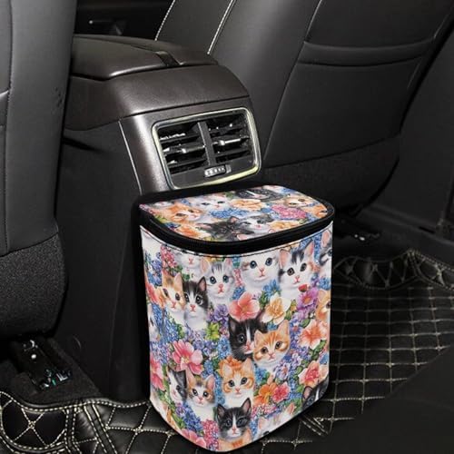 DISNIMO Flower Cats Car Trash Can with Lid Leak Proof Trash Bin Garbage Bag Collapsible Automatic Portable Trash Can Easy to Clean Used in Car Home Office