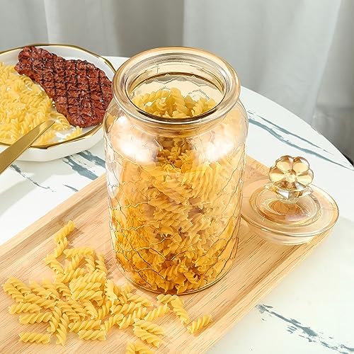 Joeyan 45 oz Amber Glass Storage Jar with Airtight Glass Lids, Vintage Embossed Food Container, Decorative Kitchen Canister Organizer for Candy, Flour, Coffee Bean, Pet Treats