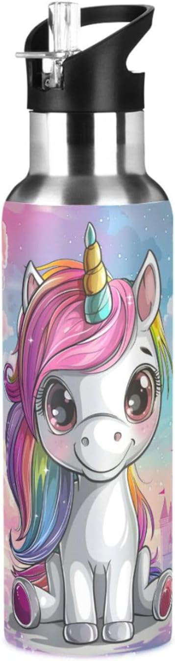 Cute Unicorn Rainbow Castle Water Bottle with Straw Lid Kids Insulated Stainless Steel Water Flask Sports, 20 Oz Hot Cold