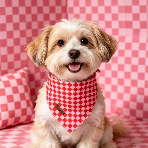 Red and Pink Plaid Dog Bandana–Red and Pink Checked Triangle Scarf for Small Medium Large Dogs, Soft Cotton Pet Bib for Dogs, Adjustable Dog Kerchief