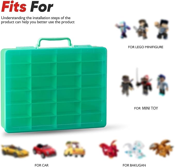 Toy Storage Organizer Case for Hot Wheels Car, for Matchbox Cars, for Mini Toys, for Small Dolls. Carrying Box Container Carrier with 24 Compartments (Box Only) (Green)