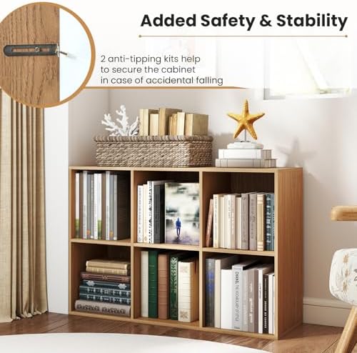 Giantex 6-Cube Bookcase, 3-Tier Cubby Bookshelf, Horizontal Vertical Display Rack with Anti-Tipping Kits, Modern Storage Organizer Shelf Unit for Bedroom, Living Room, Study Room, Natural | Horizontal Vertical Display Rack with Anti-Tipping Kits, Moder...