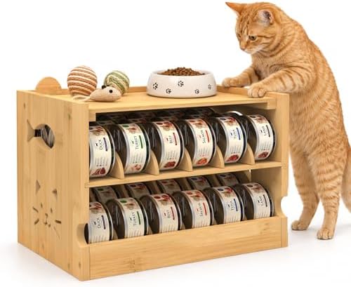 ETELI Cat Food Can Organizer for Pantry 2 Tier Stackable Cat Food Storage Container Adjustable Can Dispenser Rack Holds 36 (3oz) Cans for Kitchen Countertop Cabinet