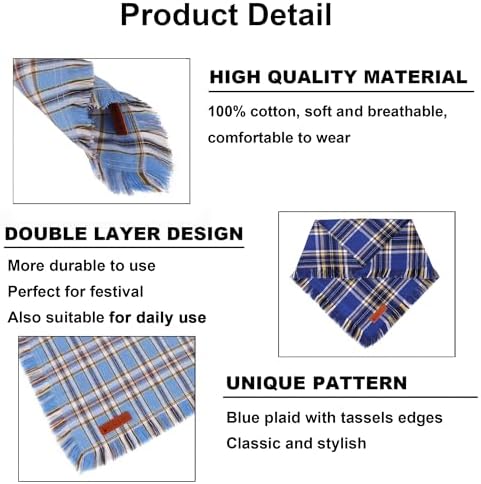 ADOGGYGO Dog Bandana Boy, Blue Plaid Cotton Scarf with Fringe, Large