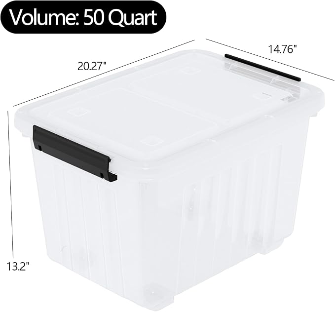 50 Quart Large Clear Plastic Storage Bins with Lids, 4 Packs | Stackable Plastic Organization Boxes with Wheels
