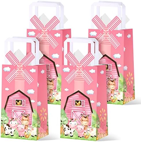 16 Pcs Pink Farm Animal Party Favor Bags Kraft Paper Goodie Bags with Handle 3D Pinwheel Double-sided Printing Treat Bag for Birthday Gender Reveal Barnyard Farm Themed Party Supplies