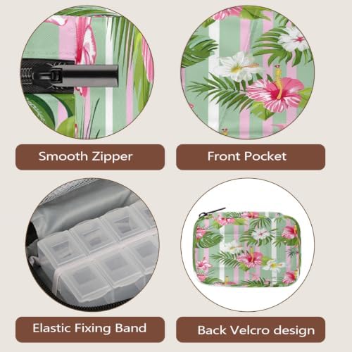 Travel Pill Organizer Pink Green Stripe Flowers Small Pill Case