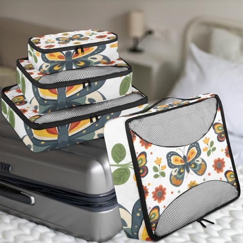 Flower Butterfly 4 Set Packing Cubes Luggage Organizer Bags for Travel Accessories and Essentials, Floral Butterflies
