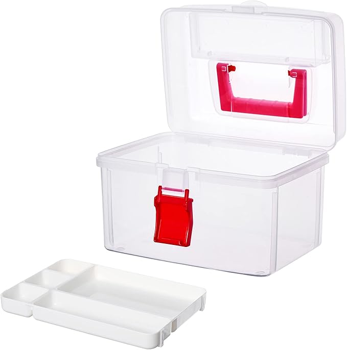 MyGift 10 Inch Clear First Aid Bin with Tray & Quick Access Lid, Red | Keep first aid or medical supplies organized in a clear bin with a detachable tray, quick-access lid flap and portable design