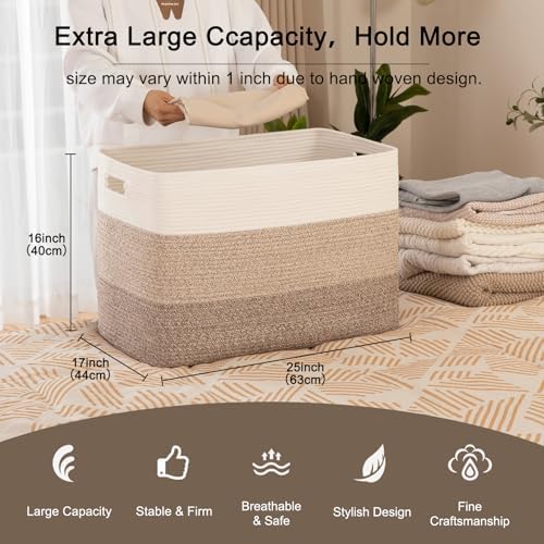 OIAHOMY 118L Extra Large Blanket Basket Cotton Rope Storage Basket Brown | 25" x 17" x 16", Rectangular Baskets Living Room,Used for storing Dirty Clothes, Stuffed Animal Toy Storage for Kids Room