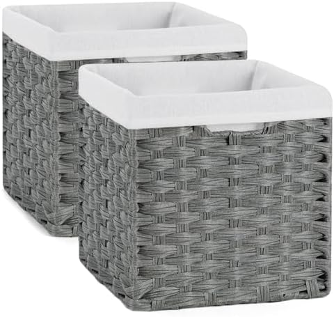 Bidtakay Wicker Baskets for Shelves Waterproof Imitation Wicker Cube Storage Bins with Liners for Organizing Closet Cabinet 11x11 inch Storage Cube Organizer for Pantry-Dark Grey 2-Pack