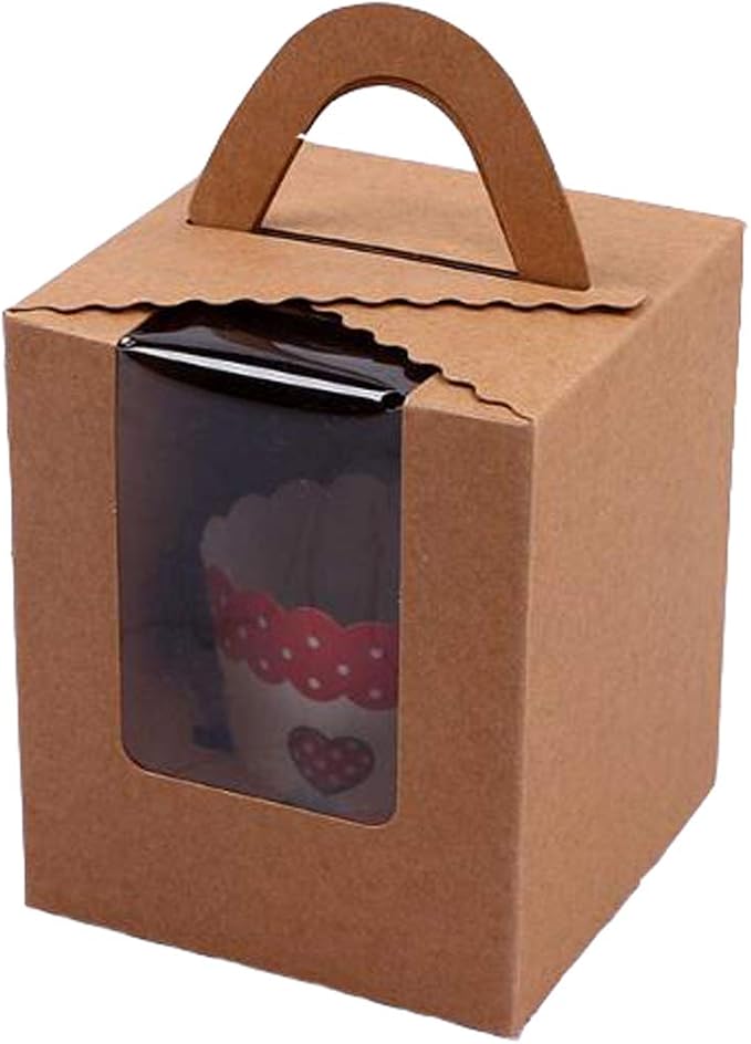 25 Pcs Single White Cupcakes Containers Gift Boxes with Window Inserts Handle for Wedding Candy Boxes (25P-Handle-Brown)