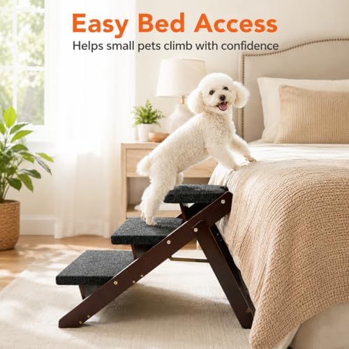 Dog Stairs for Bed, Foldable Pet Steps for Small Dogs, Cats & Senior Pets, 3 Steps Wooden Steps for Couch, Dog Stairs for Car, 110 lb, Brown