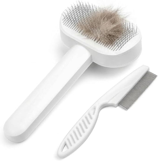Prime Pets Long Pin Cat Brush, Self-Cleaning Slicker Brush for Indoor Cats, 3-in-1 Grooming Kit with Case for Dogs Small Animals, White