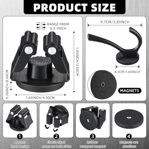 Vercraft 4 Pcs Magnetic Double Hooks Magnetic Coat Hooks Magnetic Mop Broom Holder Movable Magnetic Broom Holder Rack for Garage Kitchen Laundry Garden