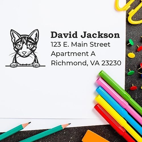 Peeking Aegean Cat Self-Inking Address Stamp - Clear Impressions | Address Stamp for Aegean Cat Moms. Choice of 11 ink colors. Customised Address Stamp for Veterinary Offices. 4 lines.