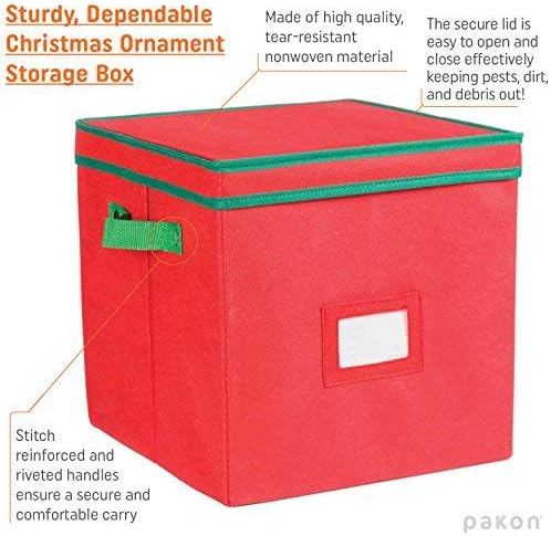 Durable Non-Woven Christmas Ornament Storage Box with Removable lid, Stores up-to 64 Standard Holiday Ornaments & Xmas Decorations For Seasons To come - 12 x 12 Inch 4 Layer Ornament Storage Container