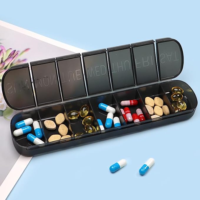 Pill Organizer Large, Travel Weekly 7-Day Vitamins Case Dispenser | Matte Black, Medicine Pill Box Holder Container for Medication, Meds and Minerals, Supplements, Fish Oil, Capsules, Tablet