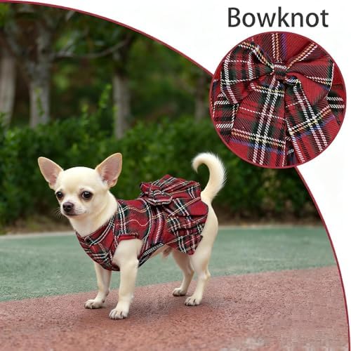 Classic Plaid Dog Dress with Bow Tie for Small Dogs Cats Girls, Cute Puppy Dresses Clothes with Bowknot Chihuahua French Bulldog Pet Apparel Outfits (Cranberry Red, X-Small)