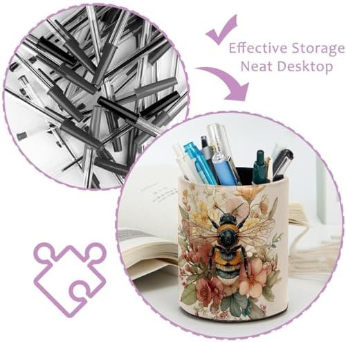 Faux Leather Pen Holder for Desk, Pencil Organizer Bee Pen Cup Desk Decor Makeup Brush Holder Storage for Office Home