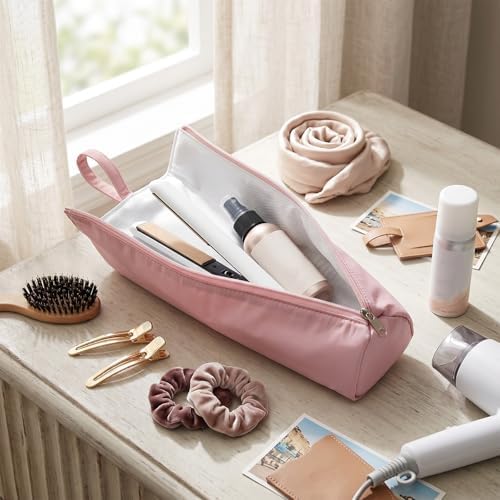 Xinjoduz 1 PCS Holder & Mat for Hot Tools, Curling Iron Flat Iron Heat Resistant Hot Hair Tools Organizer Travel Bag Case, Mini Straightener Makeup Brush Holder Ideal for Home, Travel, Gift (Pink)