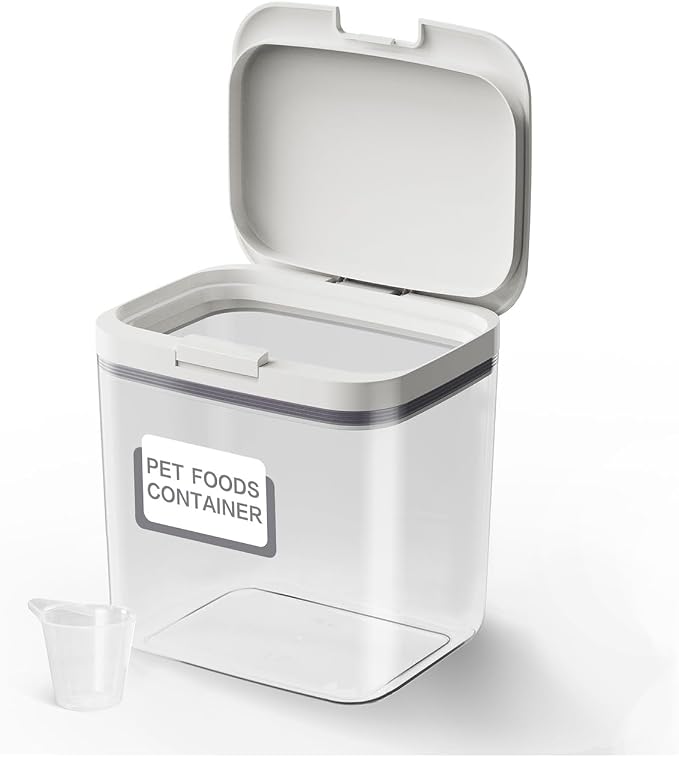 LivLab Mker 5-10 lb Airtight Dog Food Storage Container, White | Large airtight bin with pop-lock lid and clear body; stores 5-10 lb of dry dog food, cat treats, rice, or flour.