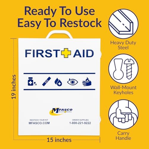 MFASCO OSHA/ANSI 2021 Class B Compliant First Aid Cabinet, Large, 3-Shelf | Metal OSHA/ANSI 2021 Class B compliant cabinet with essential first aid supplies for office and business use | Easy to Refill