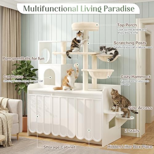 50.6 Inch Cat Tree with Litter Box Enclosure and Storage, White | Hidden Litter Box Cabinet with Multi-Level Platforms, Dual Hammocks, Sisal Scratching Posts, Condo and Top Perch for Play