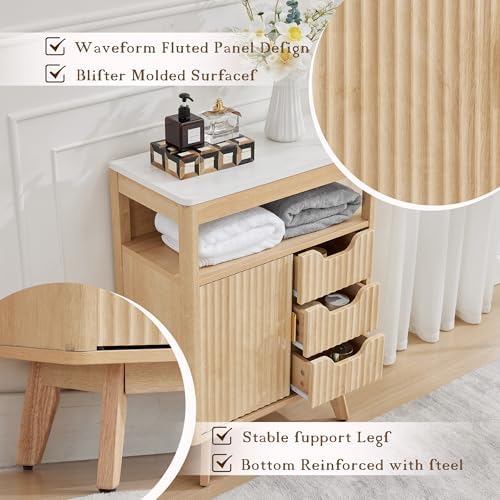 Grepatio Bathroom Floor Cabinet, Fluted Storage Cabinet with Sliding Door & 3 Drawers, Freestanding Cabinets Organizer Storage w/Adjustable Shelf, Faux Marble Top for Bathroom, Kitchen (Natural)