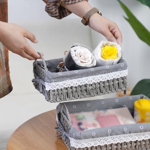 Set of 2 Paper Rope Storage Baskets with Handles & Liners