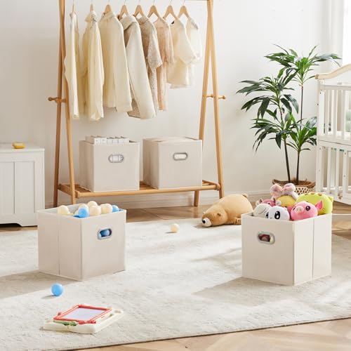 MAX Houser 6 Pack Foldable Fabric Storage Bins with Handles, Beige 12 inch | foldable cube storage bins with dual carry handles. 12"x12"x12" size fits cube closet organizers.Closet & Bedroom Organizer