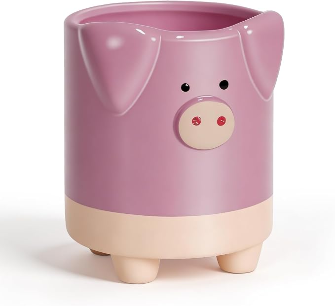 Ceramic Pink Pig Shaped Pen Pencil Holder for Desk Decoration Accessories Pig Decor Makeup Brush Pen Cups Succulent Plant Pot Office School Ideal Gifts for Women, Mom or Birthdays