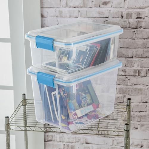 Sterilite Gasket Storage Box with Lids for Home & Office, 20 Quart, 6-Pack. | Heavy-Duty, Stackable, and Organizing Containers for Bathroom, Cabinet, Closet, and Garage, Clear and Blue Aquarium Latches