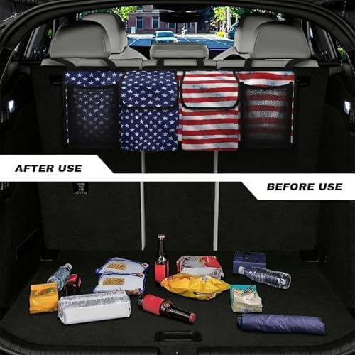 Dreaweet American Flag Trunk Hanging Organizer Backseat Bag Car Storage Accessories with 2 Pockets & 2 Mesh Pouches for Groceries Universal Car Trunk Storage Organizer for SUV Truck Minivan