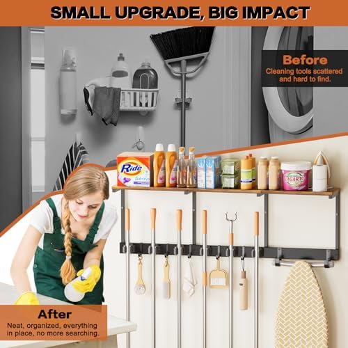 Broom Holder Wall Mount with Cleaning Supplies Organizer, Laundry Room Organization and Storage Shelves with Ironing Board Holder, Mop Hanger Broom Rack with Hooks, Home Improvement Garage Organizer