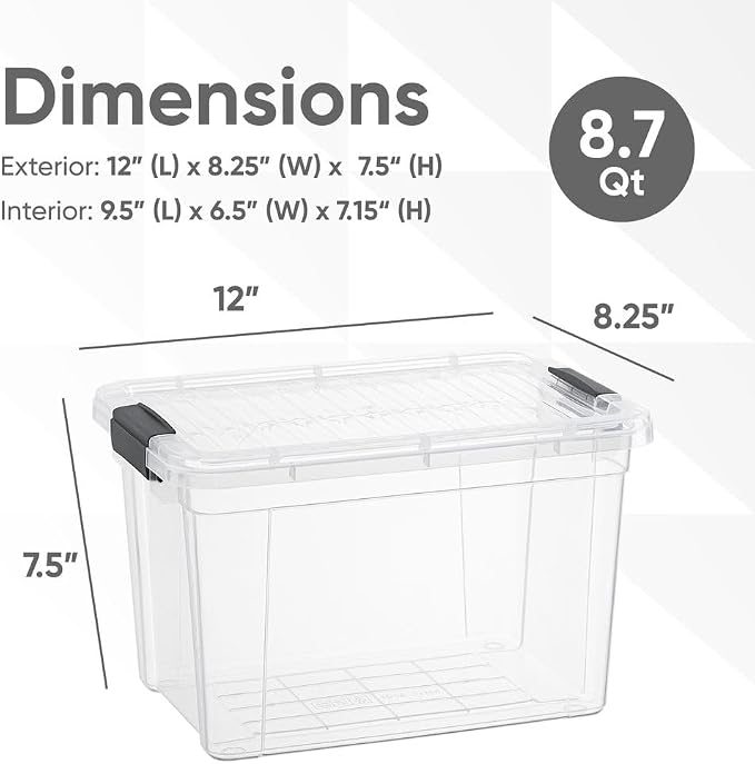 Superio 8.7 Quart Clear Plastic Storage Boxes with Lids, Stackable Organizer Containers, BPA-Free Storage Bins for Home, Office, School & Dorm, 8 Pack