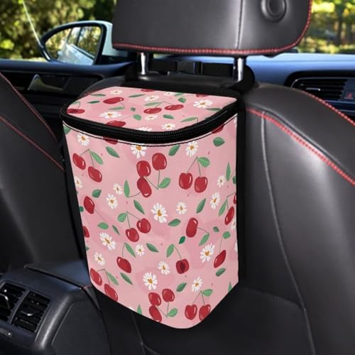 Car Trash Can with Lid - Leak-Proof Garbage Bin, Hanging Waste Basket, Interior Organizer Bag, Cherry Daisy