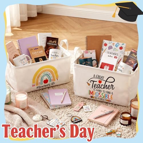 Breling 4 Pcs Teacher Appreciation Gift Basket Empty Best Teacher Ever Storage Baskets with Handle Large Collapsible Storage Bins Box for Back to School Book Office, 15 x 10 x 8 inch