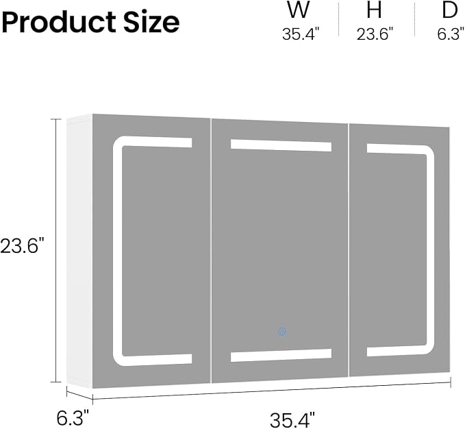 Medicine Cabinet Organizer with Mirror, Lighted Bathroom Medicine Cabinet with Storage, 3 Doors Bathroom Wall Cabinet with LED Lights, Adjustable Shelves & Outlets, 35.4'' x 23.6'', White