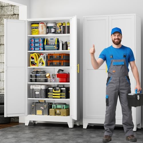 75" Metal Garage Storage Cabinet with 2 Doors and 5 Adjustable Shelves,Metal Storage Cabinets,Steel Tool Cabinets for Home,Office,Garage,Warehouse (White, 75''H x 36''W x 18''D)