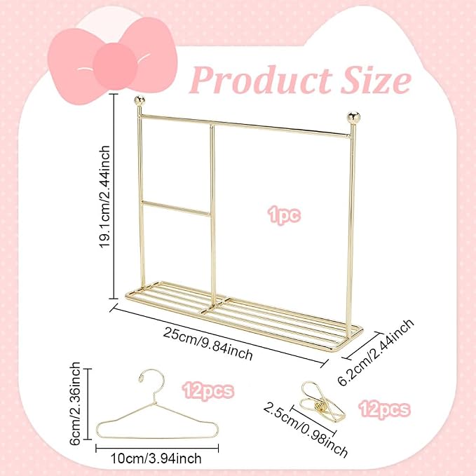 Miniature Garment Rack Kit 9.8x2.4x7.5 Miniature Clothes Rack with 12 Mini Hangers Dollhouse Clothes Rack Mini Iron Garment Organizer for Dollhouse Wardrobe Gown Dress Outfit