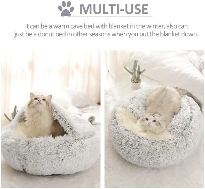 Cat Bed Round Fluffy Hooded Cat Bed Cave, Anti-Anxiety Cave Bed with Hooded Blanket, Cozy Cuddler Luxury Puppy Pet Bed, Anti-Slip Bottom and Machine Washable (Grey, Large)