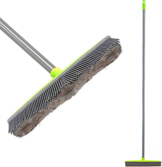 LandHope Push Broom Long Handle Rubber Bristles Sweeper Squeegee Edge 59 inches Non Scratch Bristle Broom for Pet Cat Dog Hair Carpet Hardwood Tile Windows Clean Water Resistant (Multi Segment Handle)