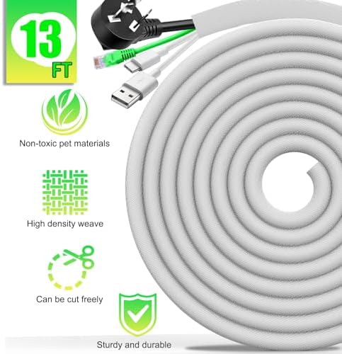 AIERSA Cord Protectors from Pets No Chew,13FT 1/2" Wire Protector for Cats,Rabbits,Dogs,White Durable Braided Cord Cover,Cable Sleeves for Cord Management and Pet Protection