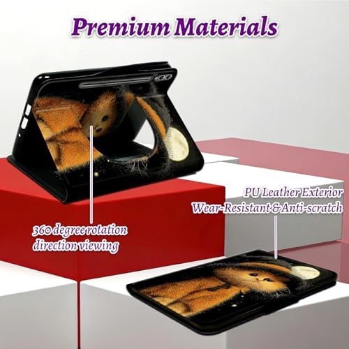 Rotating Handle Case for Samsung Galaxy Tab S8 Plus 2022/S7 FE 2021/S7 Plus 2020 12.4 Inch, 360 Degree Swivel Kickstand with Magnetic Closure Leather Protective Cover, Black Hat Kitten